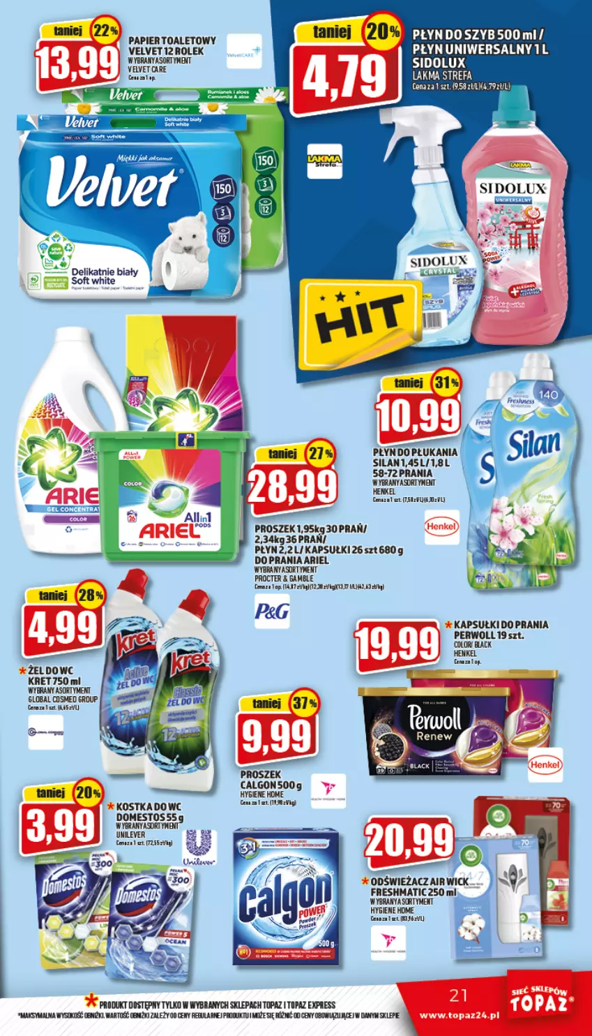 Gazetka promocyjna Topaz - Gazetka - ważna 28.04 do 04.05.2022 - strona 21 - produkty: Air Wick, Ariel, Calgon, Fa, Kapsułki do prania, Kret, Lack, LG, Papier, Papier toaletowy, Perwoll, Płyn do płukania, Silan, Top, Velvet