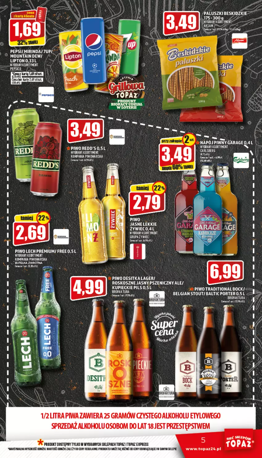 Gazetka promocyjna Topaz - Gazetka - ważna 28.04 do 04.05.2022 - strona 5 - produkty: Fa, Gra, Kosz, Lech Premium, Lipton, Pepsi, Piwa, Piwo, Redd's, Tera, Top