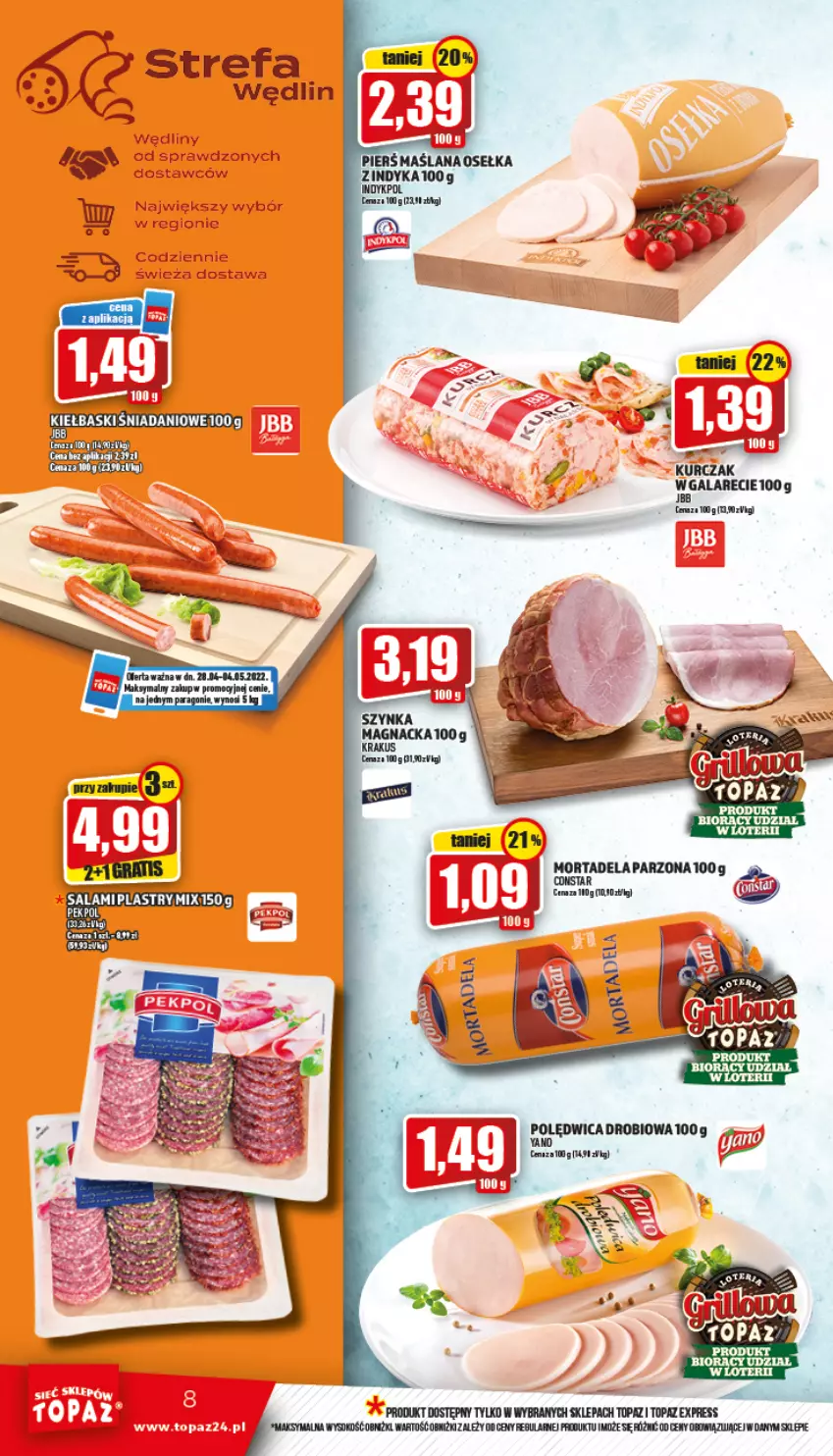 Gazetka promocyjna Topaz - Gazetka - ważna 28.04 do 04.05.2022 - strona 8 - produkty: Bell, Danio, Fa, Krakus, Kurczak, Szynka, Top