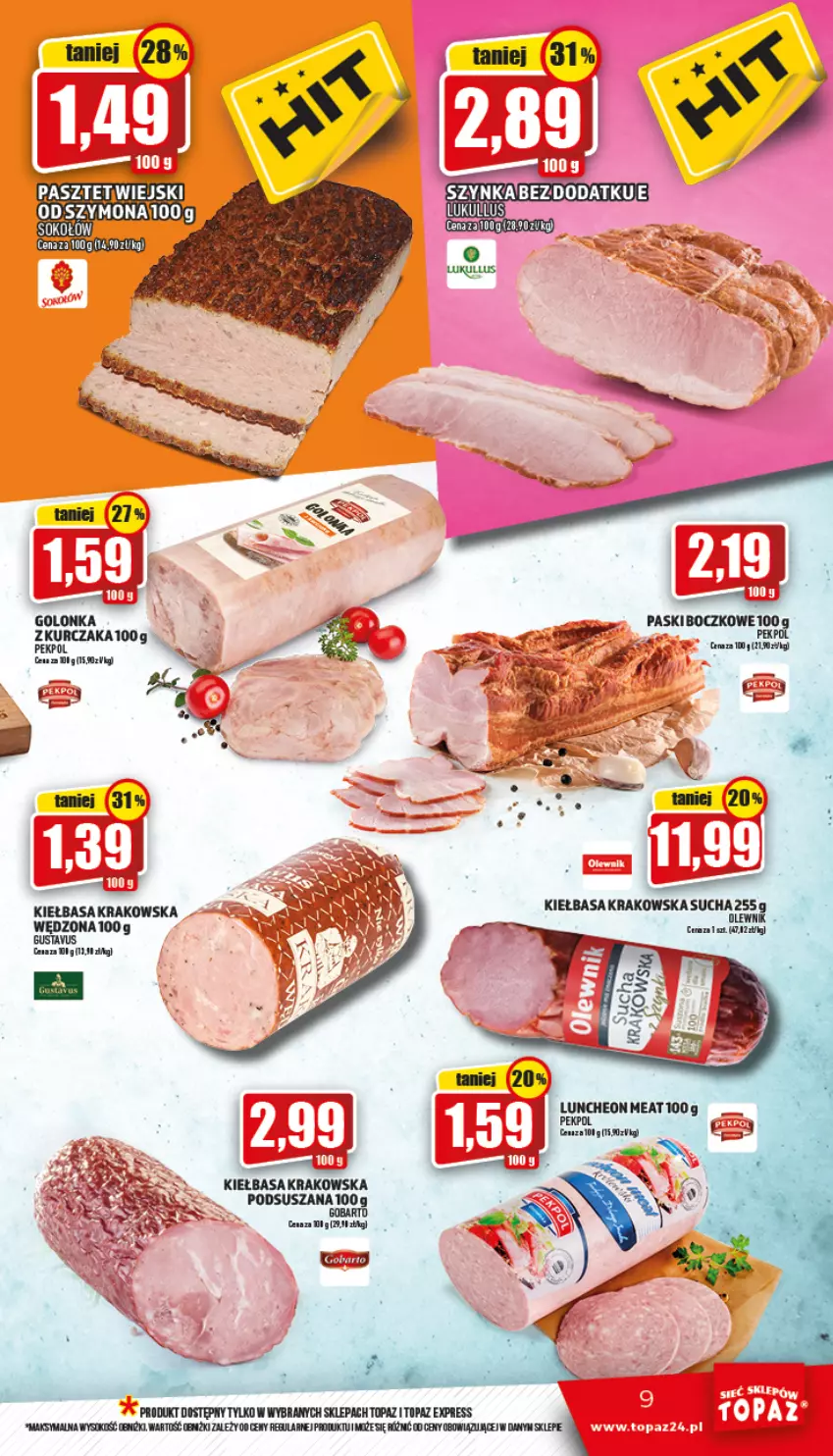 Gazetka promocyjna Topaz - Gazetka - ważna 28.04 do 04.05.2022 - strona 9 - produkty: Kiełbasa, Kiełbasa krakowska, Sok, Top