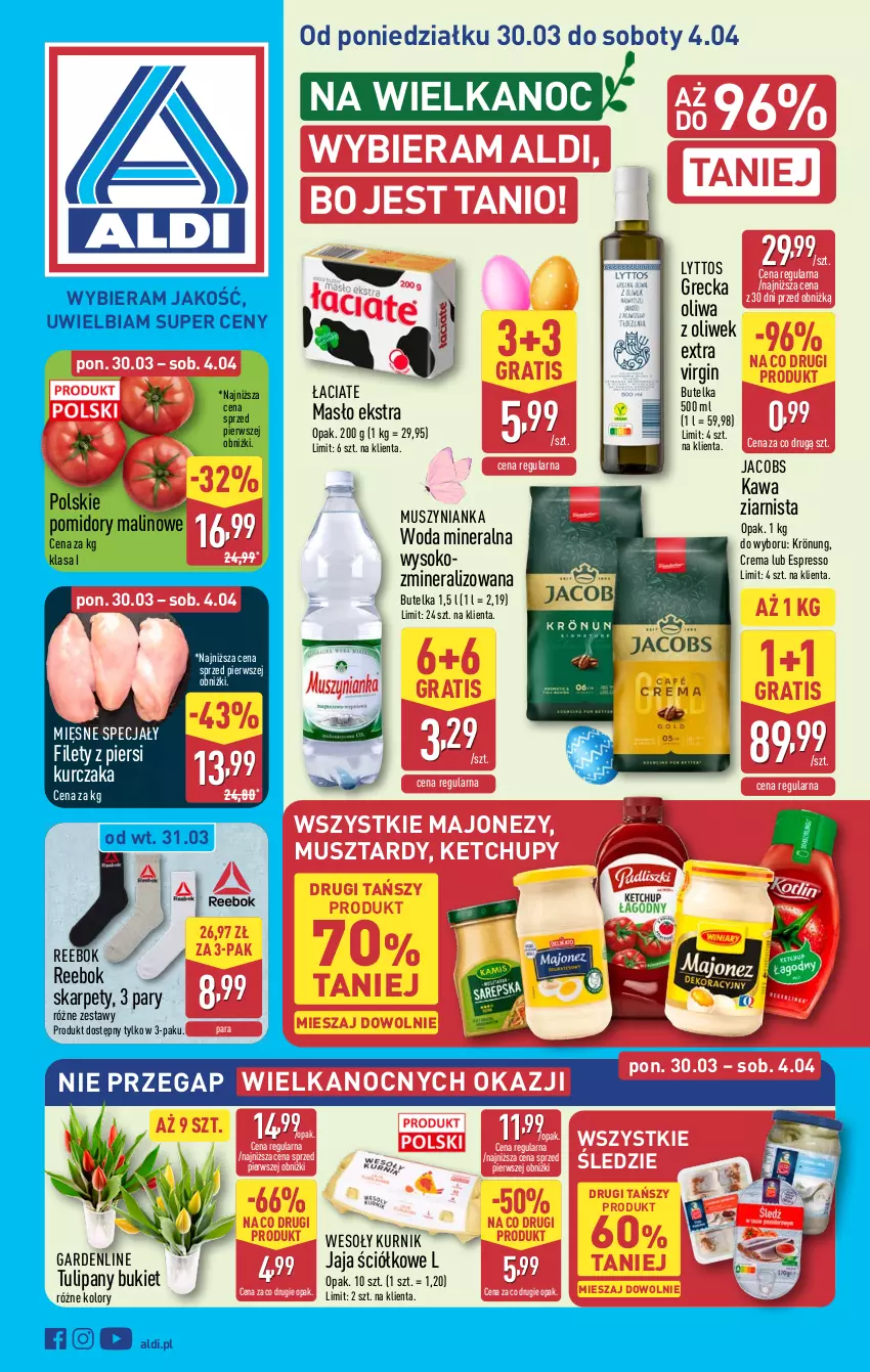 Gazetka promocyjna Aldi - Pełna oferta - ważna 30.03 do 04.04.2026 - strona 1 - produkty: Bukiet, Gin, Gra, Jacobs, Jaja, Karp, Kawa, Kawa ziarnista, Ketchup, Kurczak, Majonez, Masło, Mięsne specjały, Mus, Muszynianka, Oliwa z oliwek, Pomidory, Sok, Tulipan, Woda, Woda mineralna