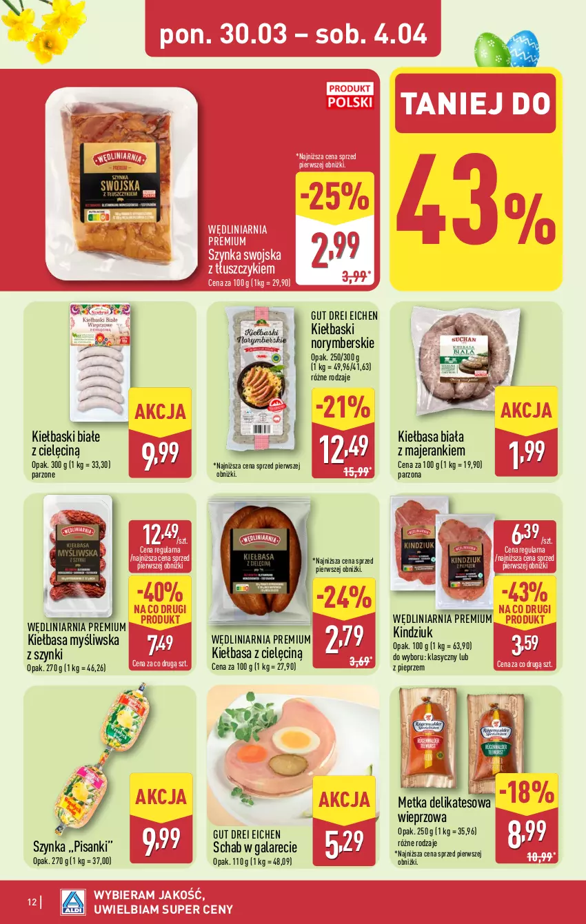 Gazetka promocyjna Aldi - Pełna oferta - ważna 30.03 do 04.04.2026 - strona 12 - produkty: Gala, Kiełbasa, Kiełbasa biała, Kiełbaski białe, Kindziuk, Pieprz, Sanki, Szynka