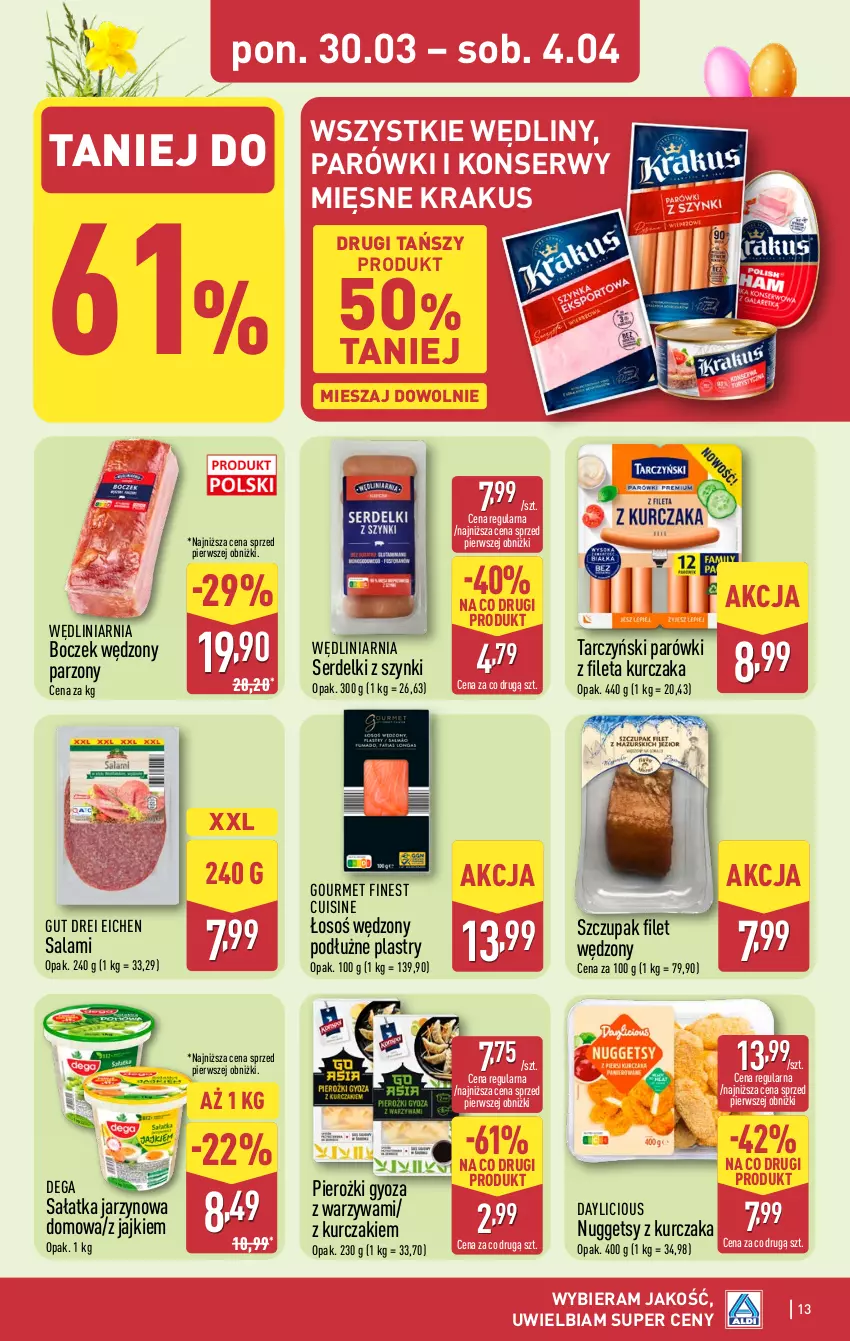 Gazetka promocyjna Aldi - Pełna oferta - ważna 30.03 do 04.04.2026 - strona 13 - produkty: Boczek, Dega, Krakus, Kurczak, Parówki, Salami, Sałat, Sałatka, Ser, Serdelki, Tarczyński, Warzywa, Zupa