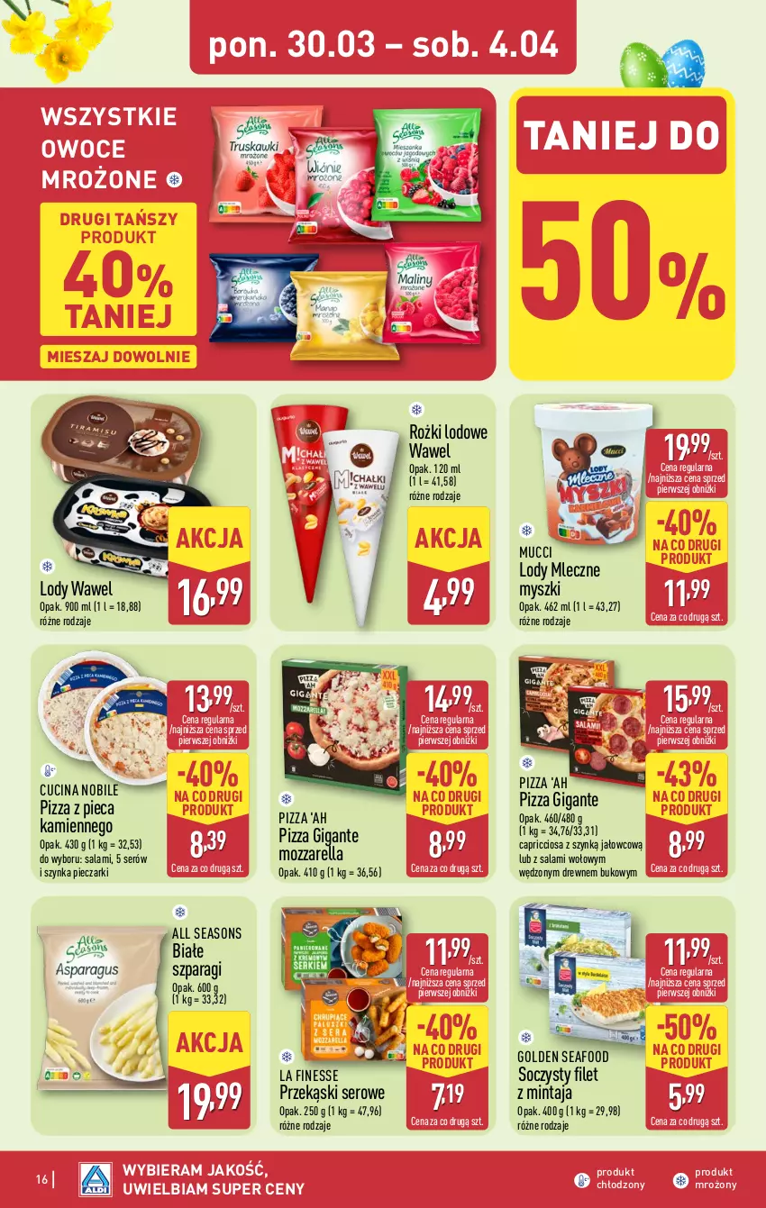 Gazetka promocyjna Aldi - Pełna oferta - ważna 30.03 do 04.04.2026 - strona 16 - produkty: All Seasons, Filet z mintaja, Golden Seafood, Lody, Mintaj, Mozzarella, Mysz, Owoce, Piec, Pizza, Pizza z pieca kamiennego, Salami, Ser, Szynka, Wawel