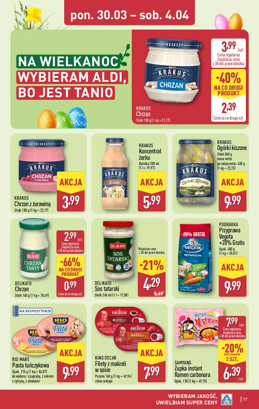 Gazetka promocyjna Aldi - Pełna oferta - ważna 30.03 do 04.04.2026 - strona 17 - produkty: Chrzan, Cytryny, Gra, Krakus, Podravka, Rio Mare, Sok, Sos, Tuńczyk, Vegeta