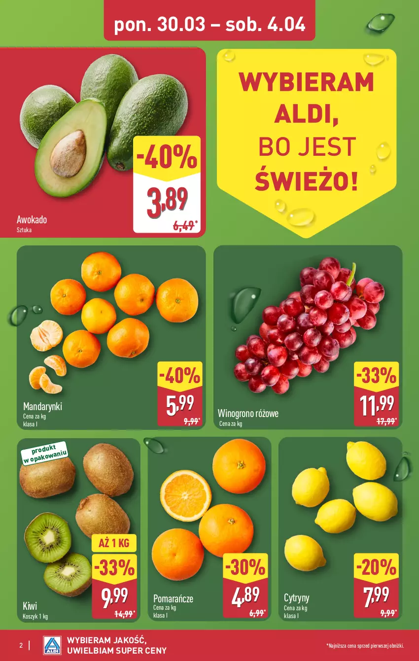 Gazetka promocyjna Aldi - Pełna oferta - ważna 30.03 do 04.04.2026 - strona 2 - produkty: Cytryny, Kiwi, Kosz, Mandarynki, Pomarańcze, Wino