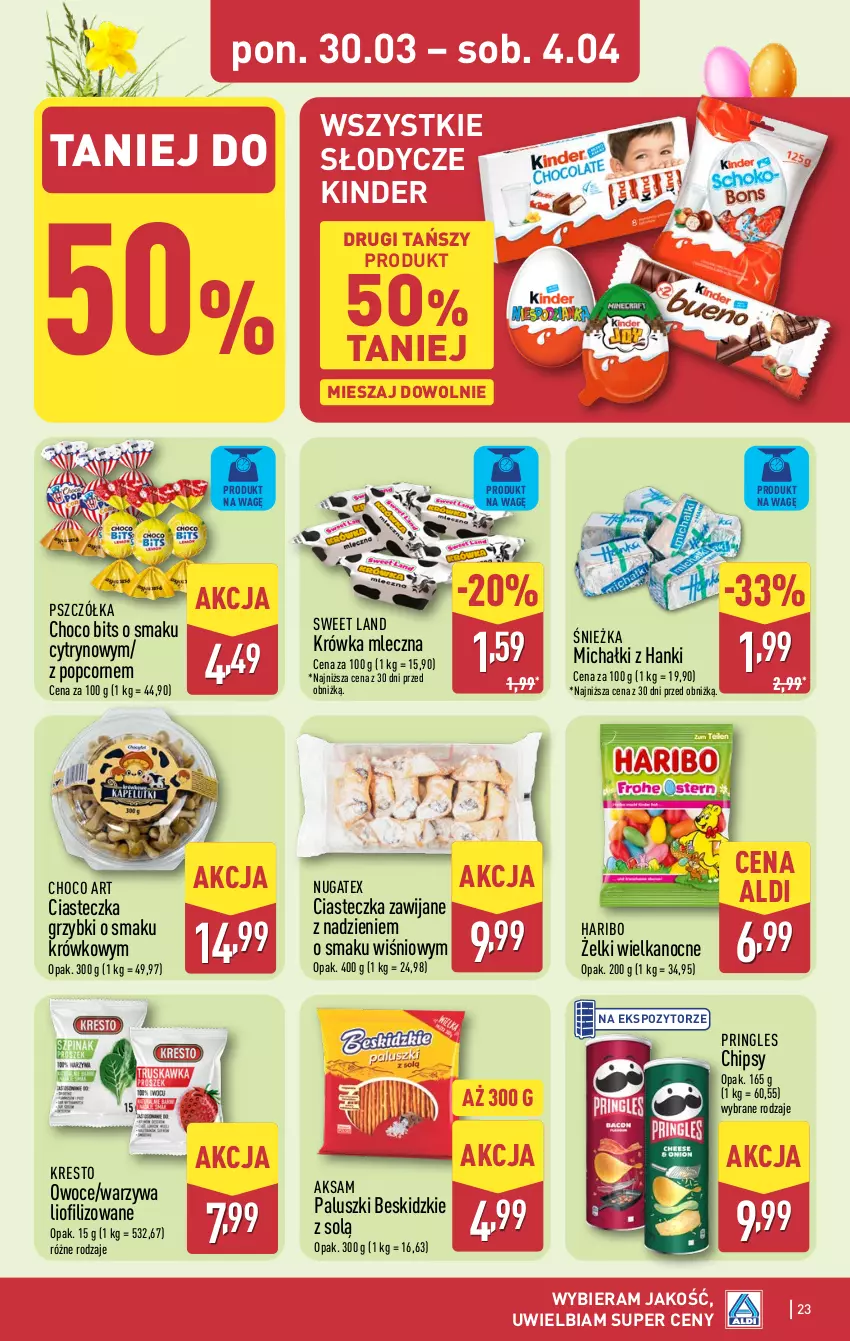 Gazetka promocyjna Aldi - Pełna oferta - ważna 30.03 do 04.04.2026 - strona 23 - produkty: Aksam, Beskidzki, Chipsy, Haribo, Kinder, Michałki, Owoce, Popcorn, Pringles, Warzywa