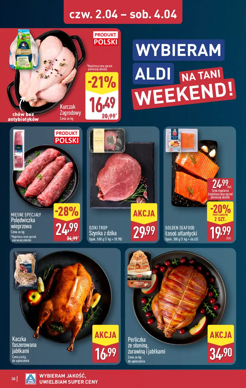 Gazetka promocyjna Aldi - Pełna oferta - ważna 30.03 do 04.04.2026 - strona 38 - produkty: Fa, Golden Seafood, Jabłka, Kaczka, Kaczka faszerowana, Kurczak, Mięsne specjały, Perliczka, Piec, Polędwiczka wieprzowa, Szynka