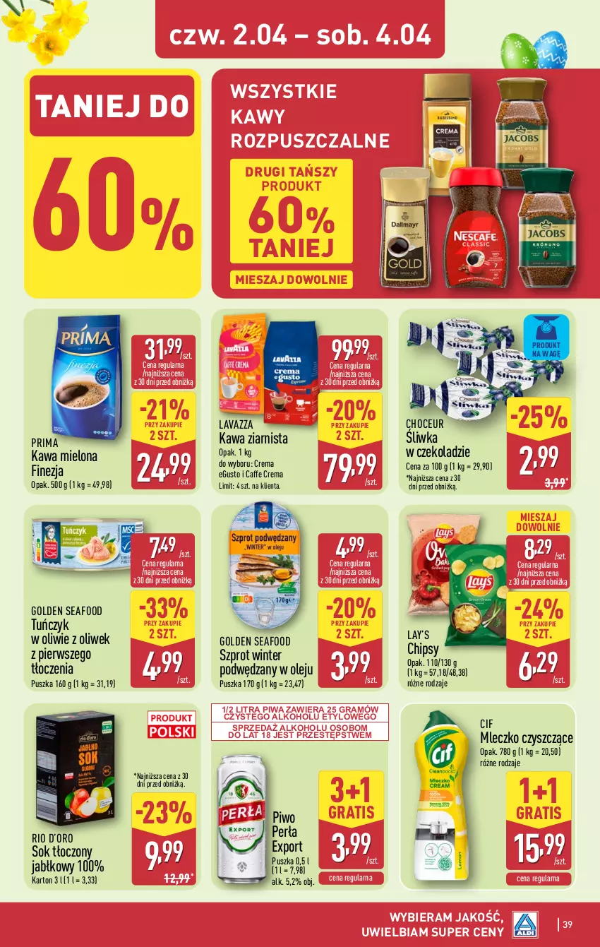 Gazetka promocyjna Aldi - Pełna oferta - ważna 30.03 do 04.04.2026 - strona 39 - produkty: Chipsy, Cif, Golden Seafood, Gra, Kawa, Kawa mielona, Kawa ziarnista, Lavazza, Lay’s, Mleczko, Olej, Perła, Piwa, Piwo, Por, Prima, Sok, Szprot, Tuńczyk