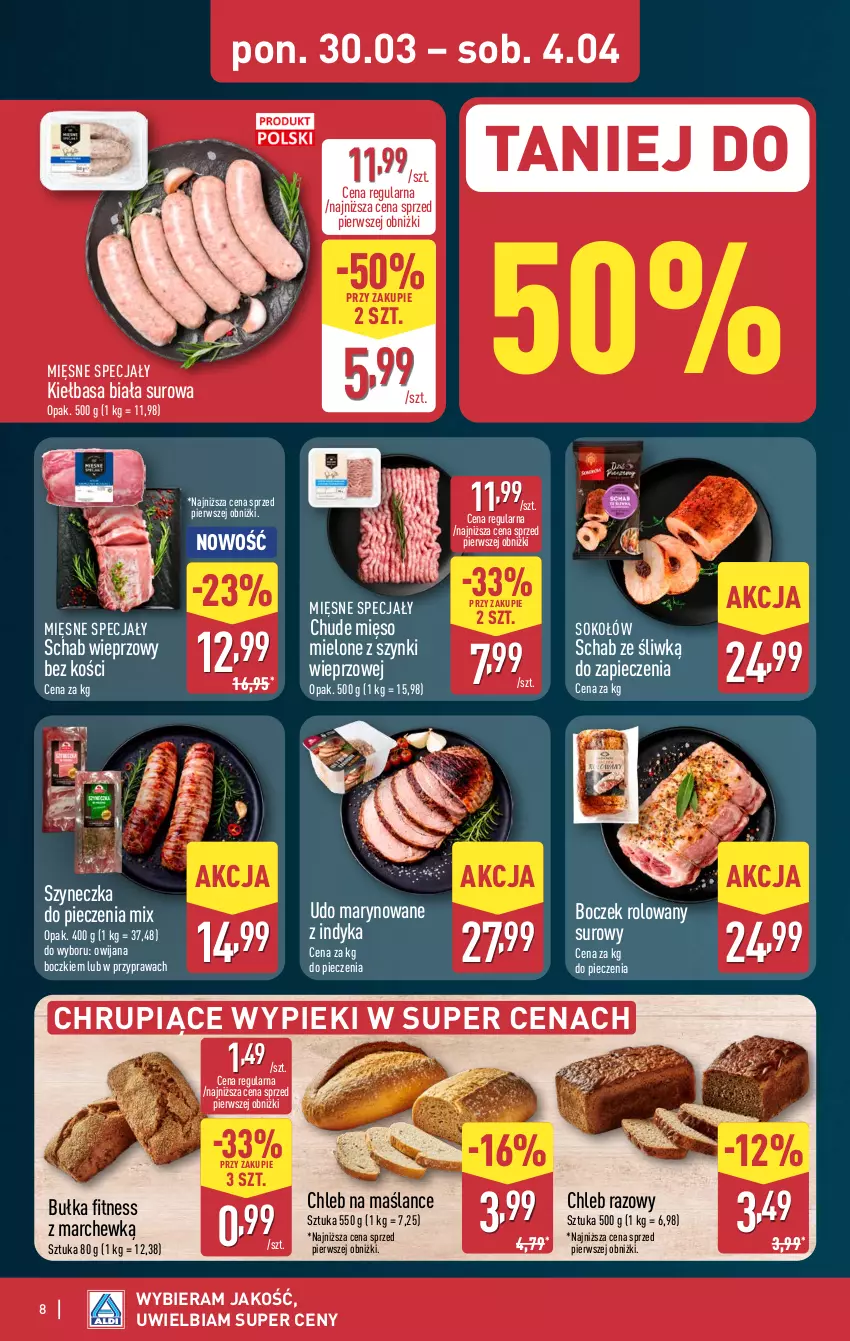 Gazetka promocyjna Aldi - Pełna oferta - ważna 30.03 do 04.04.2026 - strona 8 - produkty: Boczek, Bułka, Bułka fitness, Chleb, Kiełbasa, Kiełbasa biała, Mięsne specjały, Mięso, Mięso mielone, Mięso mielone z szynki, Piec, Schab wieprzowy, Sok, Sokołów