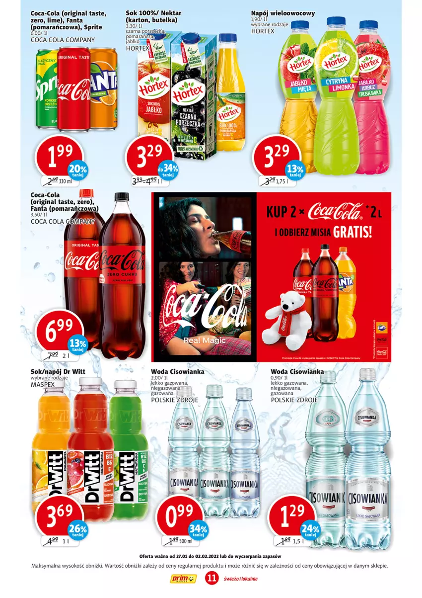 Gazetka promocyjna Prim Market - Gazetka - ważna 27.02 do 01.02.2022 - strona 11 - produkty: Cisowianka, Coca-Cola, Fa, Fanta, Gin, Hortex, Napój, Nektar, Sok, Sprite, Woda