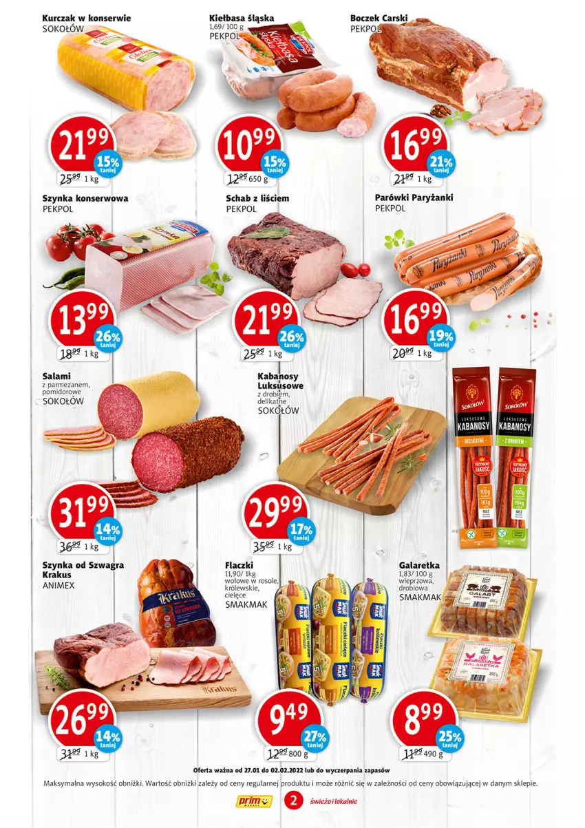 Gazetka promocyjna Prim Market - Gazetka - ważna 27.02 do 01.02.2022 - strona 2 - produkty: Boczek, Cars, Gala, Galaretka, Gra, Kabanos, Kiełbasa, Kiełbasa śląska, Krakus, Kurczak, Parmezan, Parówki, Pekpol, Ryż, Salami, Ser, Sok, Sokołów, Szynka, Szynka konserwowa