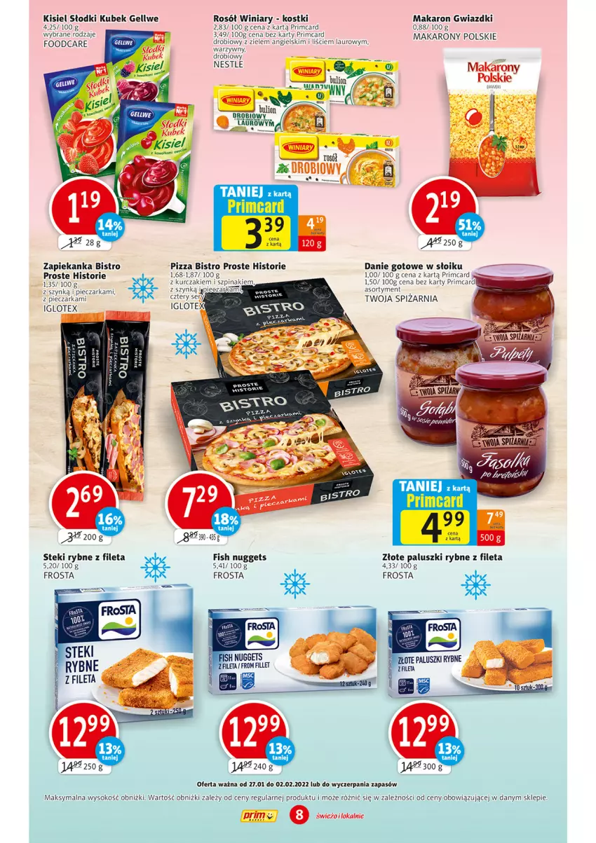 Gazetka promocyjna Prim Market - Gazetka - ważna 27.02 do 01.02.2022 - strona 8 - produkty: Danie gotowe, Frosta, Kisiel, Kubek, Kurczak, Laur, Makaron, Paluszki rybne, Piec, Pieczarka, Pizza, Rosół, Ser, Sok, Stek, Szpinak, Winiary, Zapiekanka