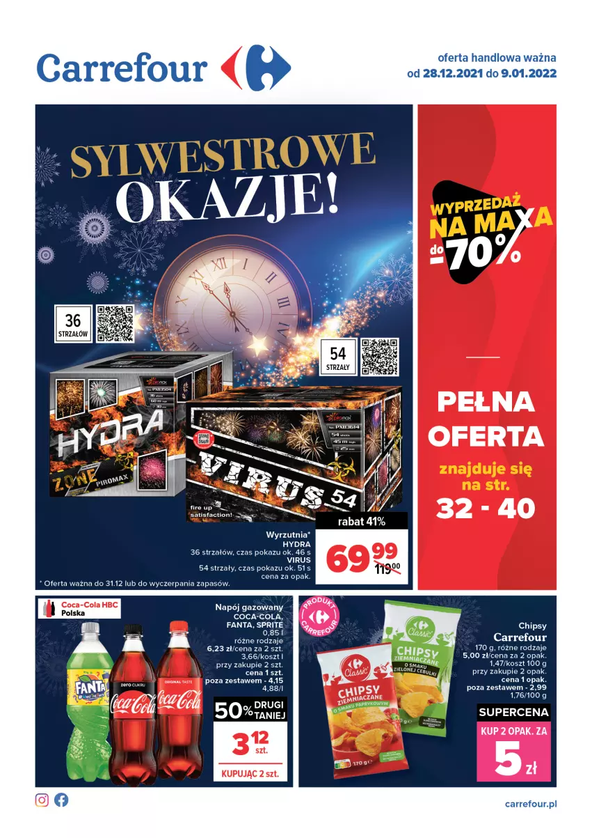 Gazetka promocyjna Carrefour - Gazetka Carrefour - ważna 28.12.2021 do 09.01.2022 - strona 1 - produkty: Chipsy, Fa, Fanta, Kosz, Napój, Napój gazowany, Sati, Sprite, Strzałów, Wyrzutnia