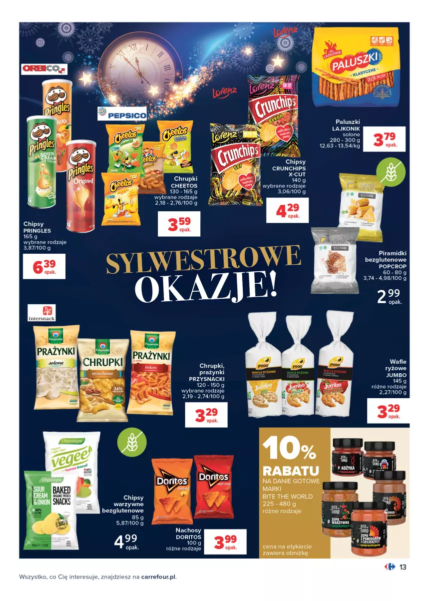 Gazetka promocyjna Carrefour - Gazetka Carrefour - ważna 28.12.2021 do 09.01.2022 - strona 13 - produkty: Cheetos, Chipsy, Chrupki, Crunchips, Danie gotowe, Gin, Lajkonik, Pringles, Przysnacki, Wafle