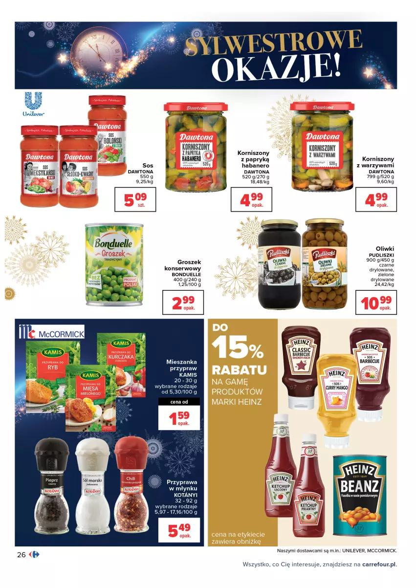 Gazetka promocyjna Carrefour - Gazetka Carrefour - ważna 28.12.2021 do 09.01.2022 - strona 26 - produkty: Bonduelle, Dawtona, Groszek, Kamis, Ketchup, Korniszony, Mango, Oliwki, Pudliszki, Ser, Sól, Sos, Warzywa