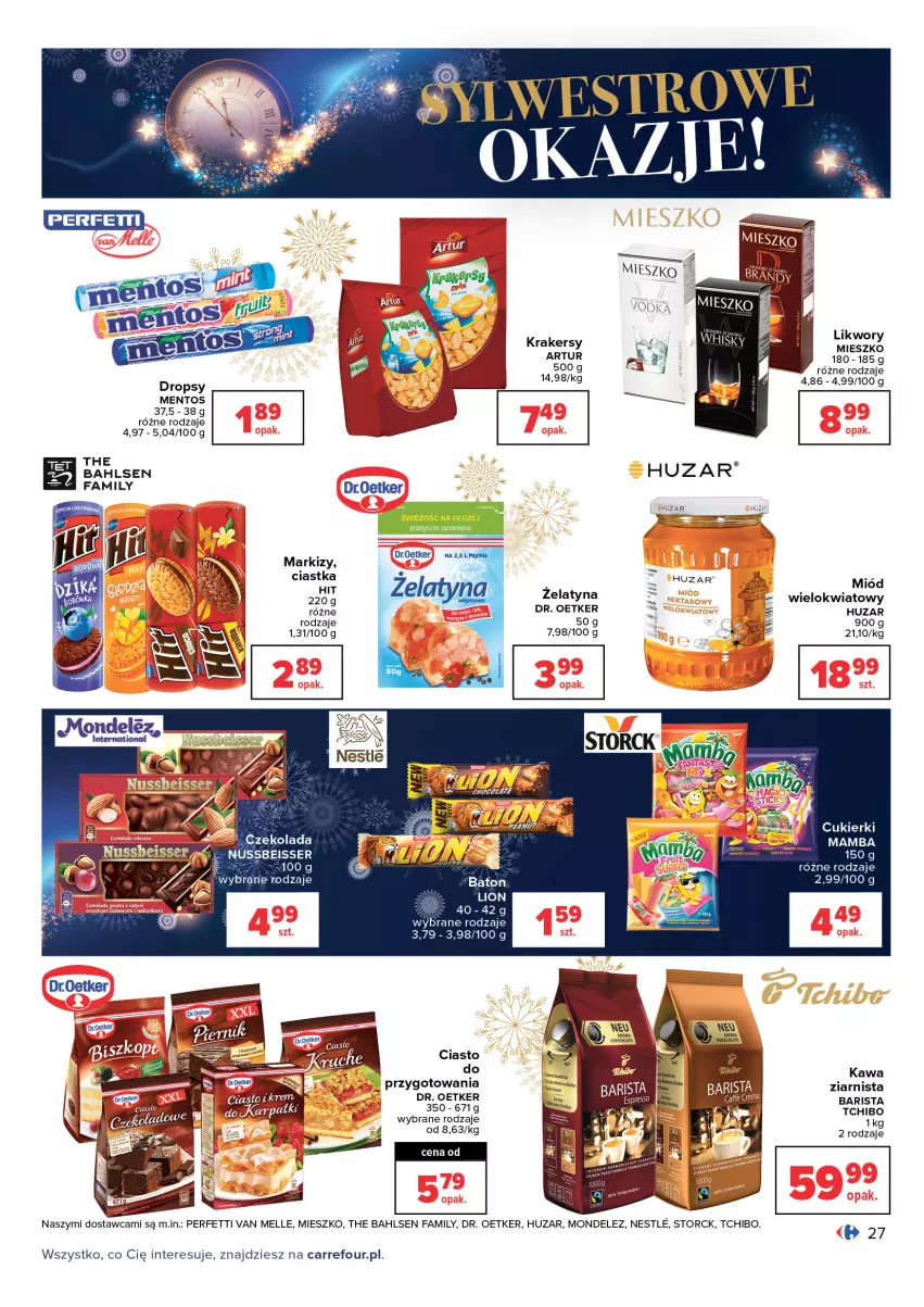 Gazetka promocyjna Carrefour - Gazetka Carrefour - ważna 28.12.2021 do 09.01.2022 - strona 27 - produkty: Artur, Ciastka, Cukier, Cukierki, Dr. Oetker, Fa, Kawa, Krakersy, Mamba, Mentos, Miód, Ser, Tchibo