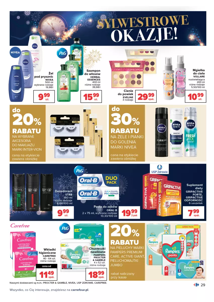 Gazetka promocyjna Carrefour - Gazetka Carrefour - ważna 28.12.2021 do 09.01.2022 - strona 29 - produkty: Carefree, Dezodorant, Eveline, Nivea, Pampers, Por, Str8, Szampon, Wkładki, Zdrowie