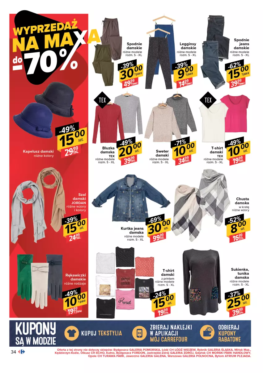 Gazetka promocyjna Carrefour - Gazetka Carrefour - ważna 28.12.2021 do 09.01.2022 - strona 34 - produkty: Chusta, Gin, Kurtka, Legginsy, Spodnie, Sukienka, Sweter, T-shirt, Tunika