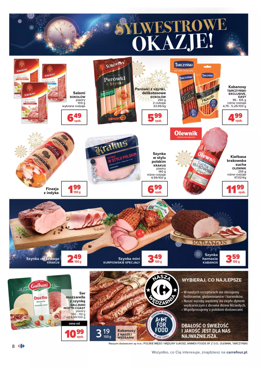 Gazetka promocyjna Carrefour - Gazetka Carrefour - ważna 28.12.2021 do 09.01.2022 - strona 8 - produkty: Kabanos, Kiełbasa, Krakus, Mozzarella, Olewnik, Parówki, Parówki z szynki, Salami, Sok, Sokołów, Szynka, Tarczyński