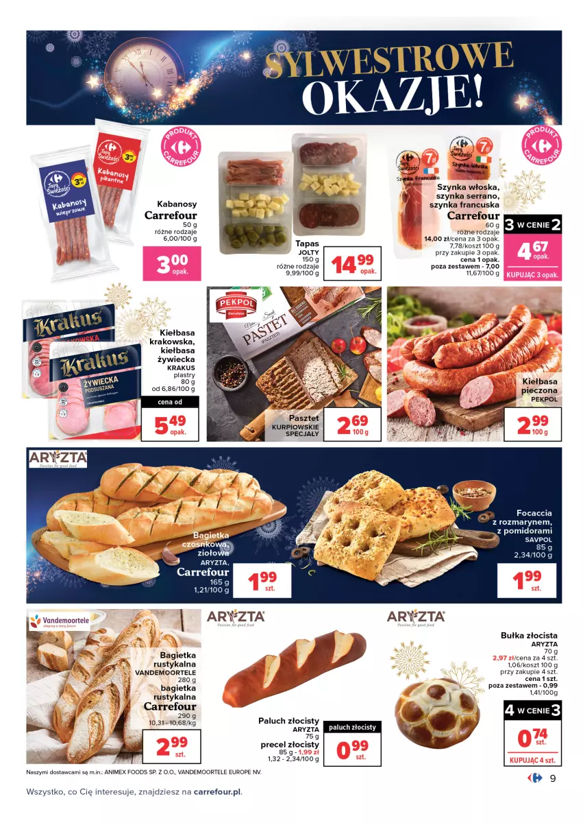 Gazetka promocyjna Carrefour - Gazetka Carrefour - ważna 28.12.2021 do 09.01.2022 - strona 9 - produkty: Bagietka, Bułka, Focaccia, Kabanos, Kiełbasa, Kiełbasa krakowska, Kosz, Krakus, Pekpol, Piec, Rust, Ser, Szynka