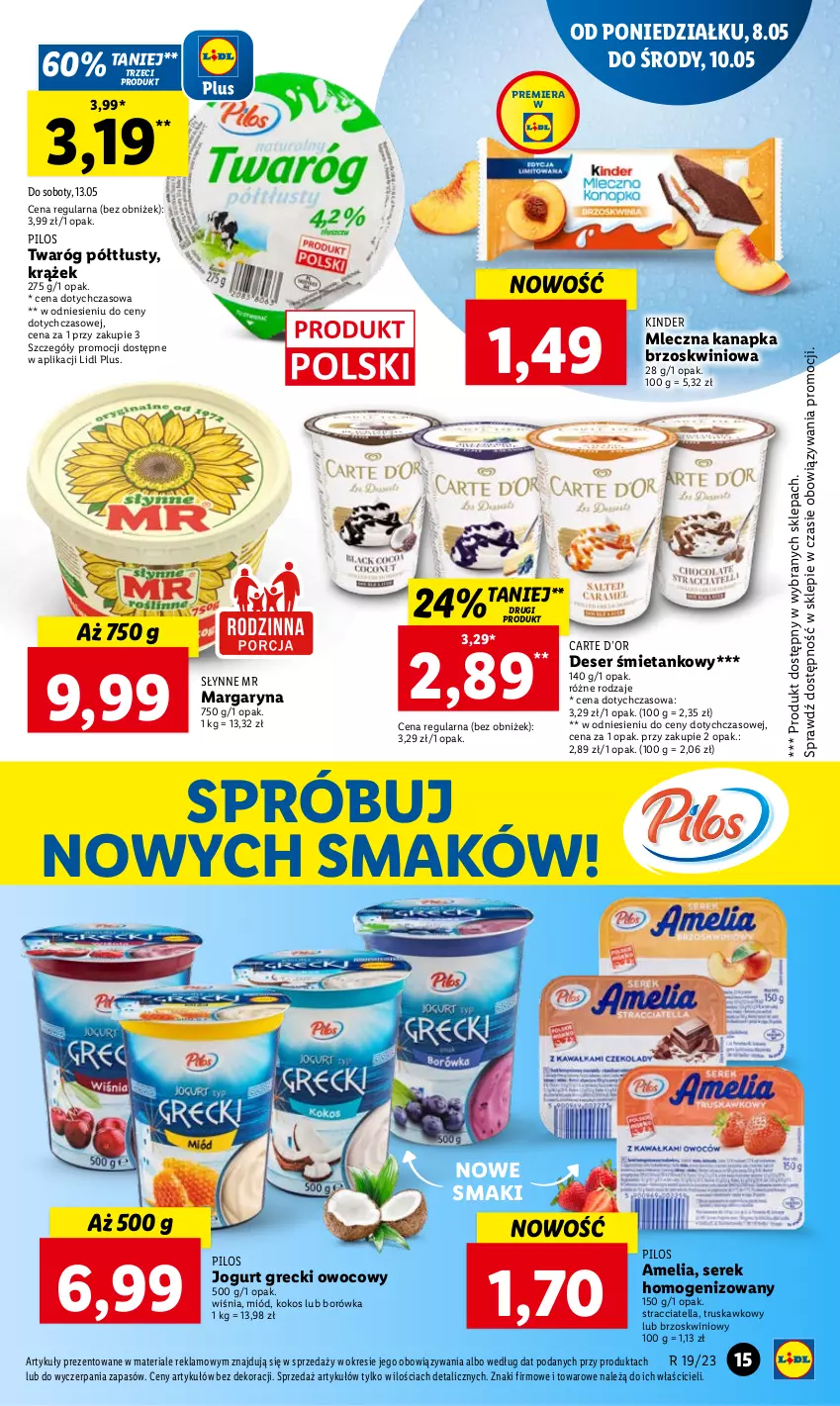 Gazetka promocyjna Lidl - GAZETKA - ważna 08.05 do 10.05.2023 - strona 17 - produkty: Borówka, Deser, Jogurt, Kinder, Kokos, Margaryna, Miód, Mleczna kanapka, Pilos, Ser, Serek, Serek homogenizowany, Słynne, Twaróg, Twaróg półtłusty