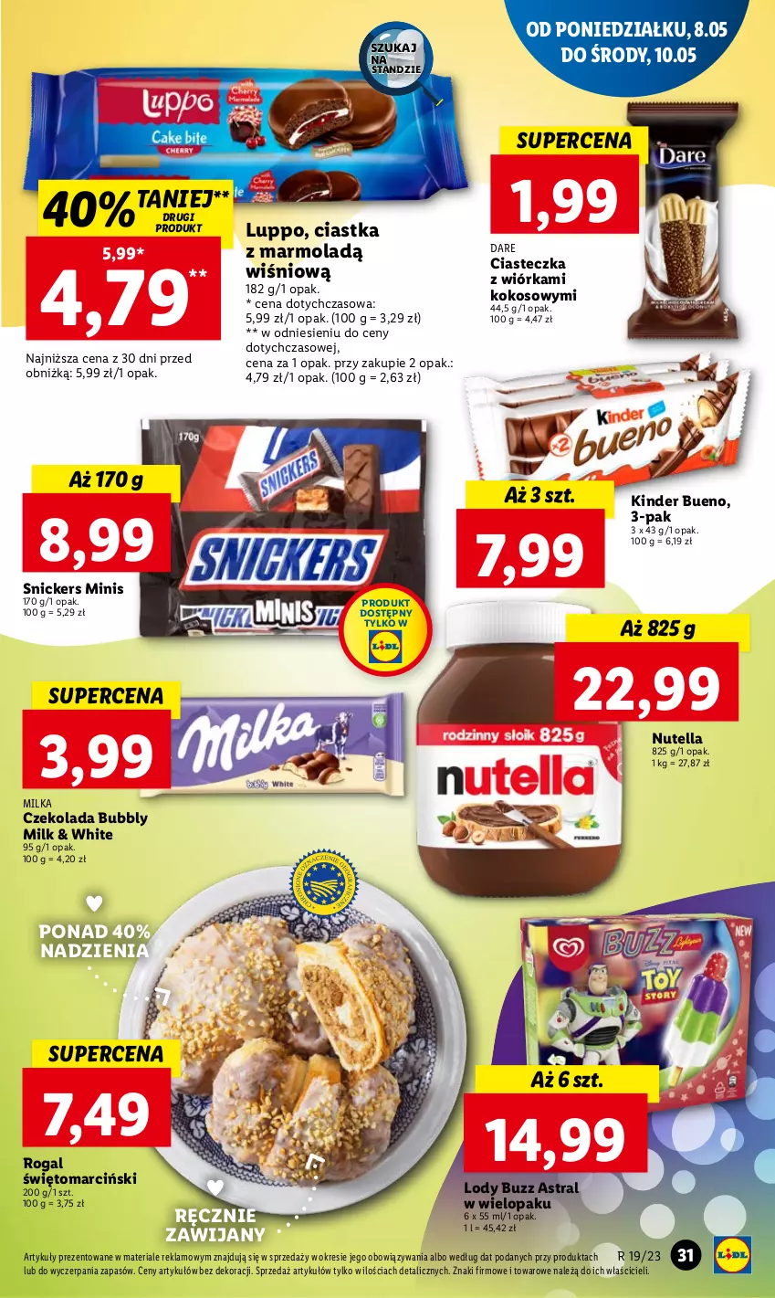 Gazetka promocyjna Lidl - GAZETKA - ważna 08.05 do 10.05.2023 - strona 35 - produkty: Ciastka, Czekolada, Kinder, Kinder Bueno, Kokos, Lody, Milka, Mola, Nutella, Rogal, Snickers