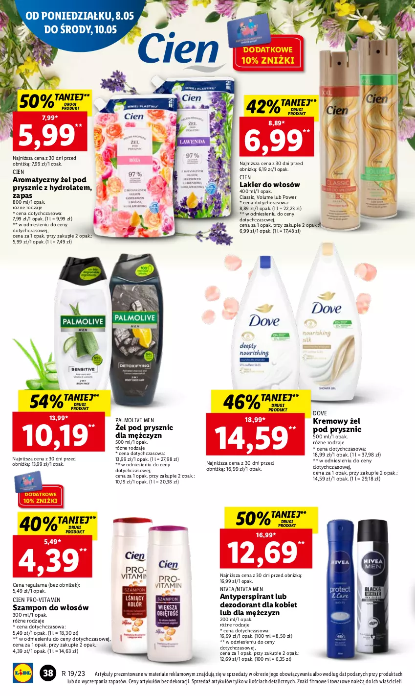 Gazetka promocyjna Lidl - GAZETKA - ważna 08.05 do 10.05.2023 - strona 42 - produkty: Antyperspirant, Dezodorant, Dove, Hydrolat, Lakier, Lakier do włosów, Nivea, Nivea Men, Palmolive, Szampon