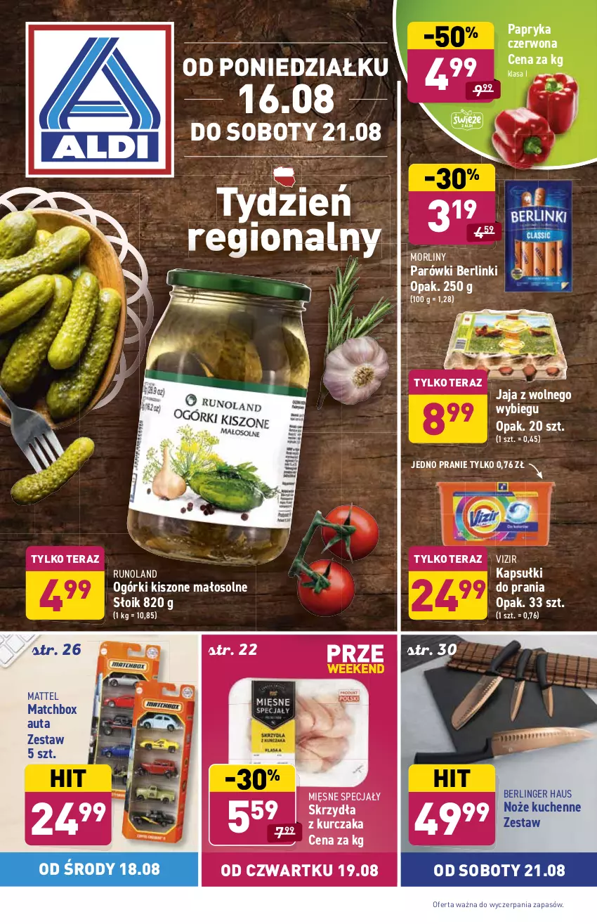 Gazetka promocyjna Aldi - ważna 16.08 do 21.08.2021 - strona 1 - produkty: Berlinki, Jaja, Jaja z wolnego wybiegu, Kapsułki do prania, Kurczak, Mattel, Mięsne specjały, Morliny, Noż, Papryka, Papryka czerwona, Parówki, Runoland, Tera, Vizir