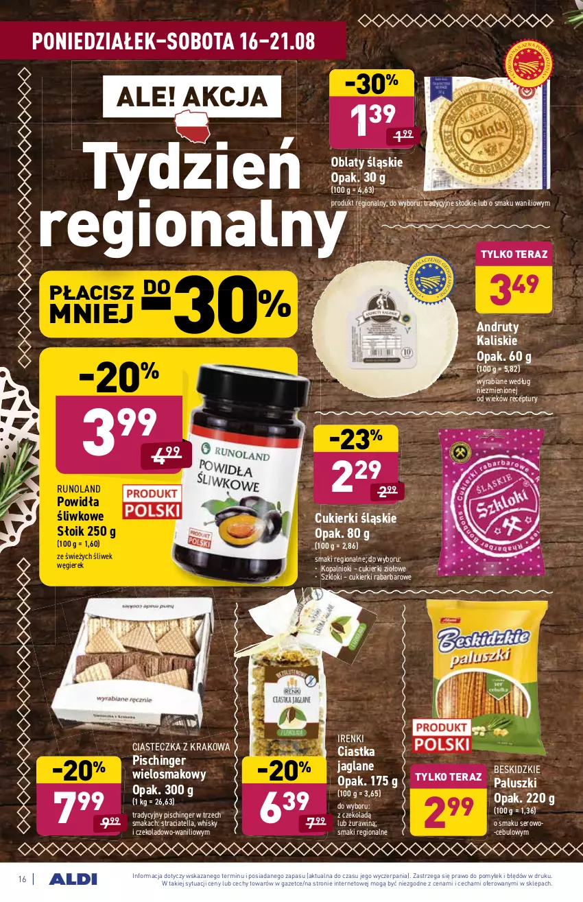 Gazetka promocyjna Aldi - ważna 16.08 do 21.08.2021 - strona 16 - produkty: Beskidzki, Beskidzkie paluszki, Ciastka, Cukier, Cukierki, Runoland, Ser, Tera, Whisky