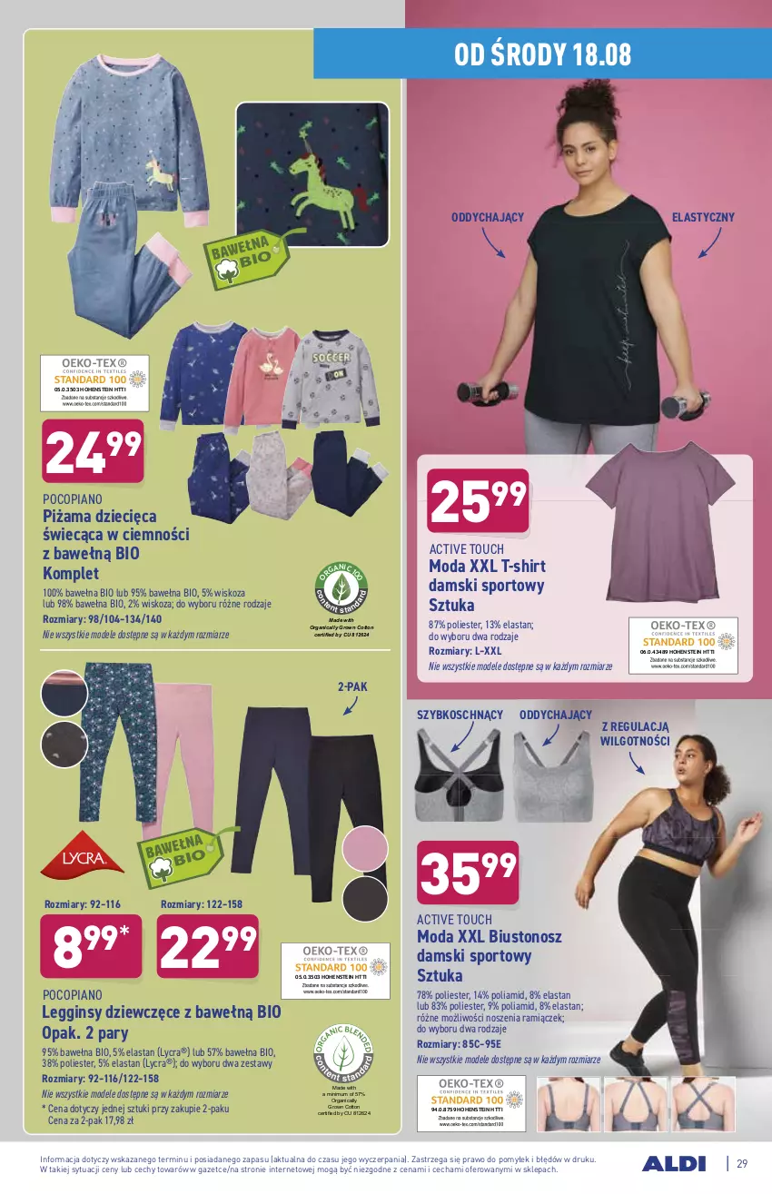 Gazetka promocyjna Aldi - ważna 16.08 do 21.08.2021 - strona 29 - produkty: Biustonosz, Dzieci, Gin, Legginsy, LG, Moda, Piżama, Pocopiano, Por, Sport, T-shirt, Wełna