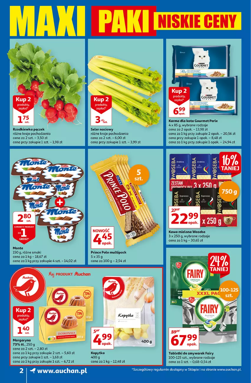 Gazetka promocyjna Auchan - Maxi Paki Niskie Ceny Moje Auchan - ważna 13.01 do 19.01.2022 - strona 2 - produkty: Fa, Fairy, Kawa, Kawa mielona, Kopytka, Margaryna, Monte, Prince Polo, Rzodkiewka, Seler naciowy, Tablet, Woseba