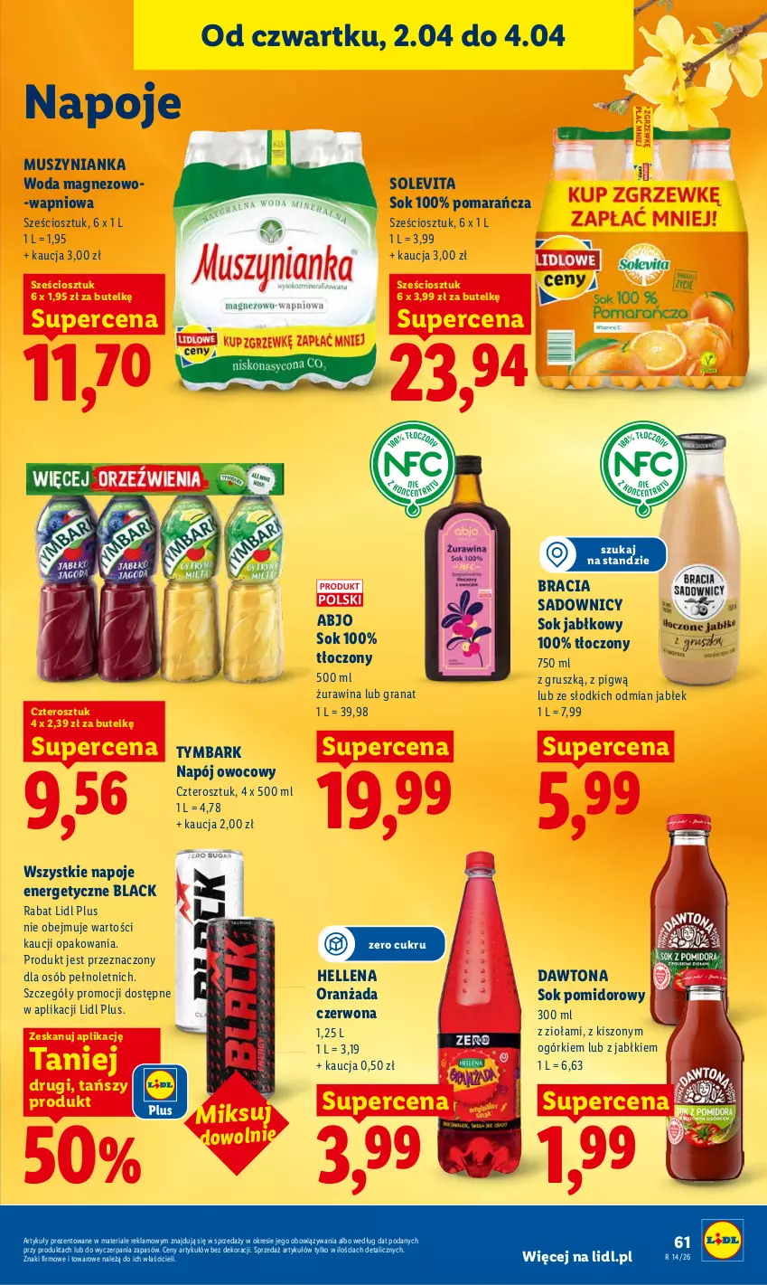 Gazetka promocyjna Lidl - Gazetka ważna od 2.04 do 4.04 - ważna 02.04 do 04.04.2026 - strona 63 - produkty: Dawtona, Gra, Granat, Hellena, Lack, Magnez, Mus, Muszynianka, Napój, Napoje, Oranżada, Sok, Sok jabłkowy, Sok pomidorowy, Tymbark, Woda