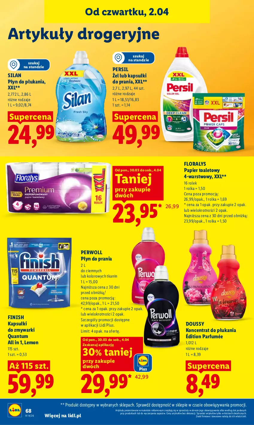 Gazetka promocyjna Lidl - Gazetka ważna od 2.04 do 4.04 - ważna 02.04 do 04.04.2026 - strona 70 - produkty: Finish, Flora, Kapsułki do prania, Papier, Papier toaletowy, Persil, Perwoll, Płyn do płukania, Płyn do prania, Silan, Zmywarki