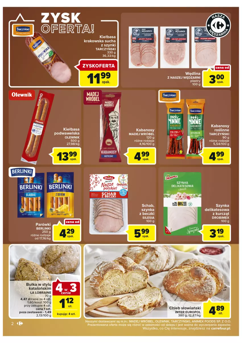 Gazetka promocyjna Carrefour - Gazetka Market - ważna 25.01 do 05.02.2022 - strona 2 - produkty: Berlinki, Bułka, Chleb, Drobimex, Gin, Kabanos, Kiełbasa, Kiełbasa krakowska, Kiełbasa podwawelska, Kosz, LG, Madej Wróbel, Olewnik, Parówki, Szynka, Szynka delikatesowa, Tarczyński, Wawel, Wędlina