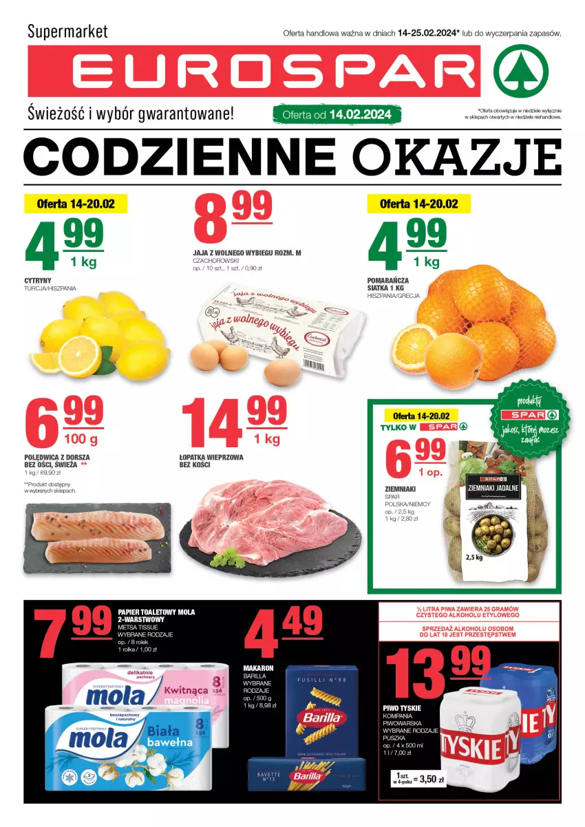 Gazetka promocyjna Spar - EuroSpar - ważna 11.02 do 21.02.2024 - strona 1 - produkty: Cytryny, Dorsz, Jaja, Jaja z wolnego wybiegu, Makaron, Mola, Papier, Papier toaletowy, Piwo, Polędwica, Siatka, Tyskie, Ziemniaki