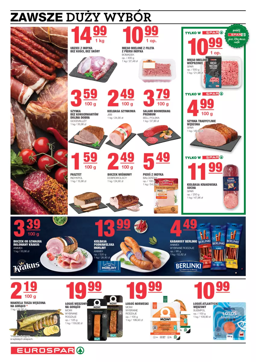 Gazetka promocyjna Spar - EuroSpar - ważna 11.02 do 21.02.2024 - strona 4 - produkty: Bell, Berlinki, Boczek, Gra, Kiełbasa, Kiełbasa krakowska, Kiełbasa szynkowa, Krakus, Mięso, Mięso mielone, Pasztet, Salami, Ser, Suempol, Szynka, Tusz, Udziec z indyka