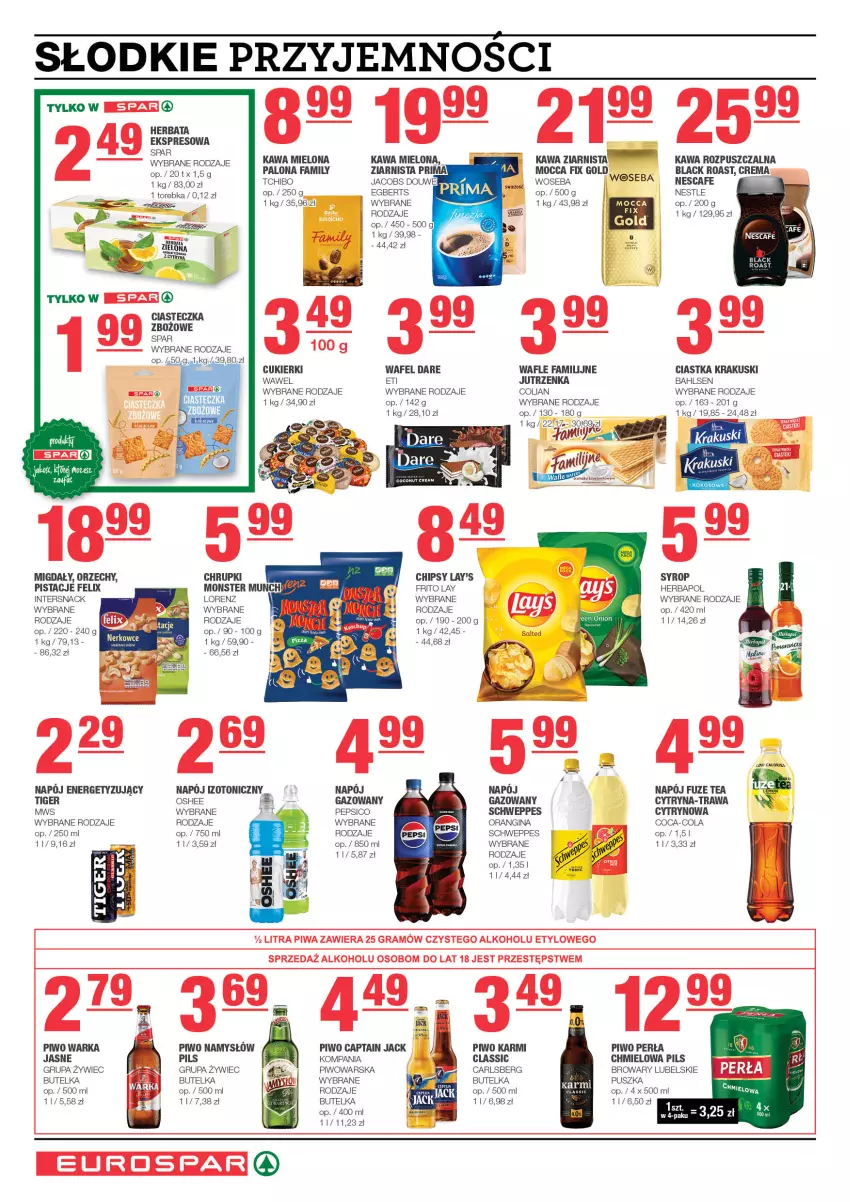 Gazetka promocyjna Spar - EuroSpar - ważna 11.02 do 21.02.2024 - strona 6 - produkty: Carlsberg, Chipsy, Ciastka, Coca-Cola, Cukier, Cukierki, Fa, Felix, Gin, Gra, Herbapol, Herbata, Jacobs, Jutrzenka, Karmi, Kawa, Kawa mielona, Kawa rozpuszczalna, Kawa ziarnista, Krakus, Krakuski, Lack, Lorenz, Migdały, Mocca Fix Gold, Namysłów, Napój, Oshee, Pepsi, Perła, Pistacje, Piwa, Piwo, Prima, Schweppes, Tchibo, Tiger, Torebka, Wafle, Warka, Wawel, Woseba