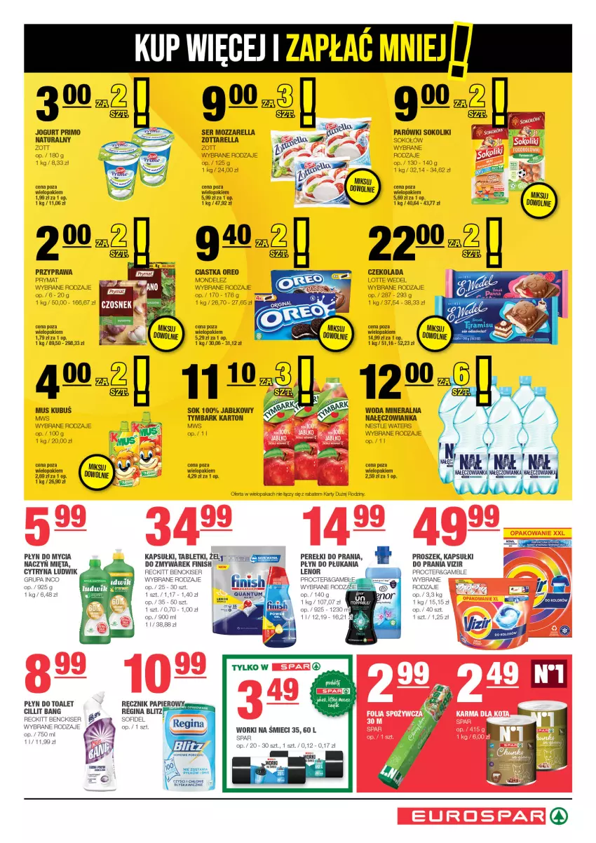 Gazetka promocyjna Spar - EuroSpar - ważna 11.02 do 21.02.2024 - strona 7 - produkty: Ciastka, Cillit Bang, Czekolada, Finish, Gin, Jogurt, Lenor, LG, Ludwik, Mięta, Mozzarella, Mus, Nałęczowianka, Oreo, Papier, Parówki, Parówki sokoliki, Płyn do mycia, Płyn do płukania, Prymat, Ser, Sok, Sokołów, Tablet, Tera, Top, Tymbark, Vizir, Woda, Woda mineralna, Zott, Zottarella