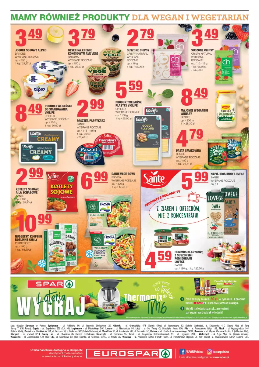 Gazetka promocyjna Spar - EuroSpar - ważna 11.02 do 21.02.2024 - strona 8 - produkty: Alpro, Bakoma, Chipsy, Danone, Deser, Dzieci, Fa, Frosta, Gra, Hummus, Jogurt, Klopsiki, Kokos, Kosz, Kotlet, Majonez, Mola, Mus, Napój, Napój roślinny, Papryka, Paprykarz, Pasztet, Rum, Sante, Ser, Smakowita, Winiary