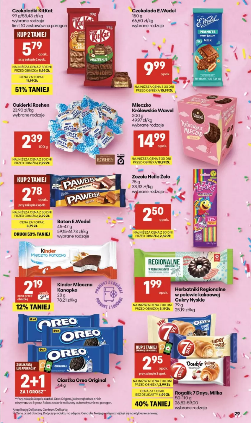 Gazetka promocyjna Delikatesy Centrum - Franczyza DC31 Czwartek - ważna 30.07 do 05.08.2026 - strona 29 - produkty: 7 Days, Baton, Ciastka, Cukier, Cukierki, Czekolada, Gin, Herbatniki, Kakao, Kinder, Królewski, Milka, Mleczko, Oreo, Rogal, Rum, Sól, Stek, Wawel