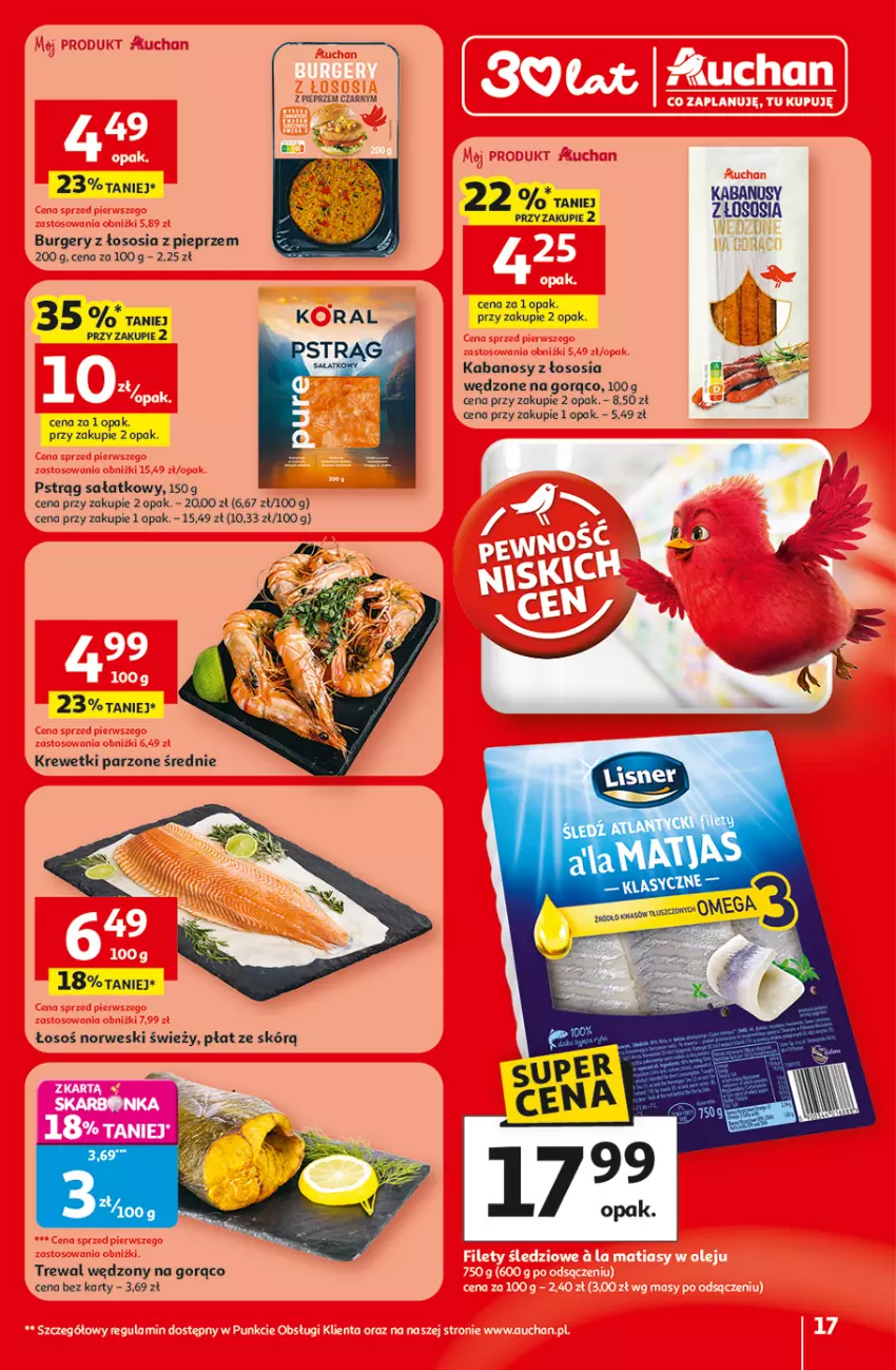 Gazetka promocyjna Auchan - Gazetka 30 Lat Hipermarket Auchan - ważna 19.02 do 25.02.2026 - strona 17 - produkty: Burger, Kabanos, Krewetki, Pieprz, Pstrąg, Sałat, Sos