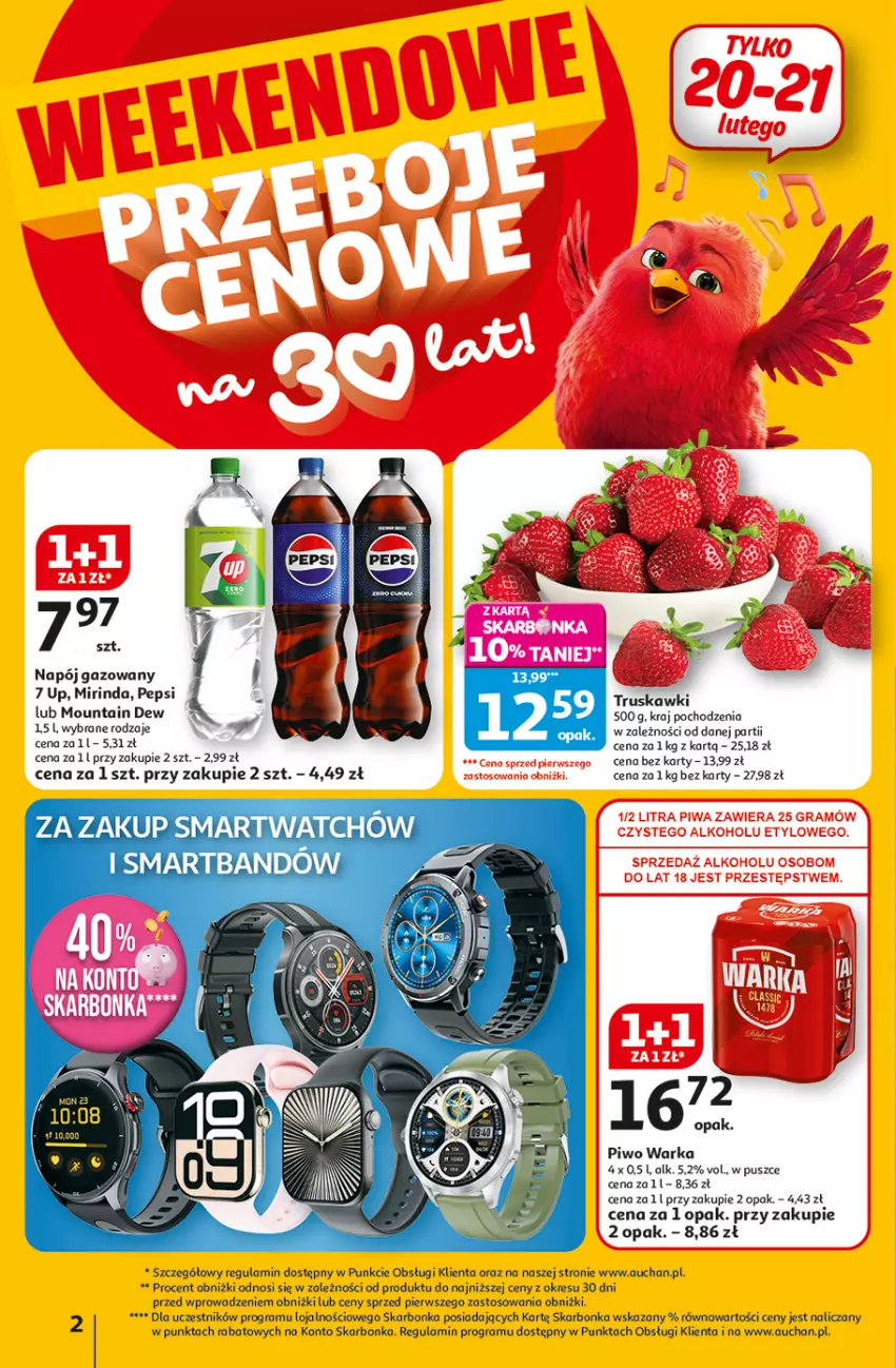 Gazetka promocyjna Auchan - Gazetka 30 Lat Hipermarket Auchan - ważna 19.02 do 25.02.2026 - strona 2 - produkty: Gra, Mirinda, Napój, Napój gazowany, Pepsi, Piwo, Sante, Smartwatch, Truskawki, Warka