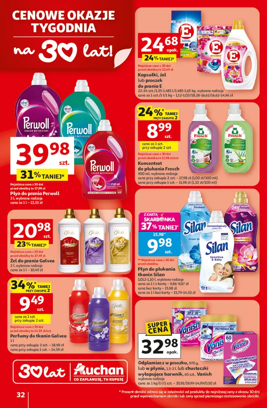 Gazetka promocyjna Auchan - Gazetka 30 Lat Hipermarket Auchan - ważna 19.02 do 25.02.2026 - strona 32 - produkty: Chusteczki, Frosch, Odplamiacz, Perfum, Płyn do płukania, Silan, Top, Vanish
