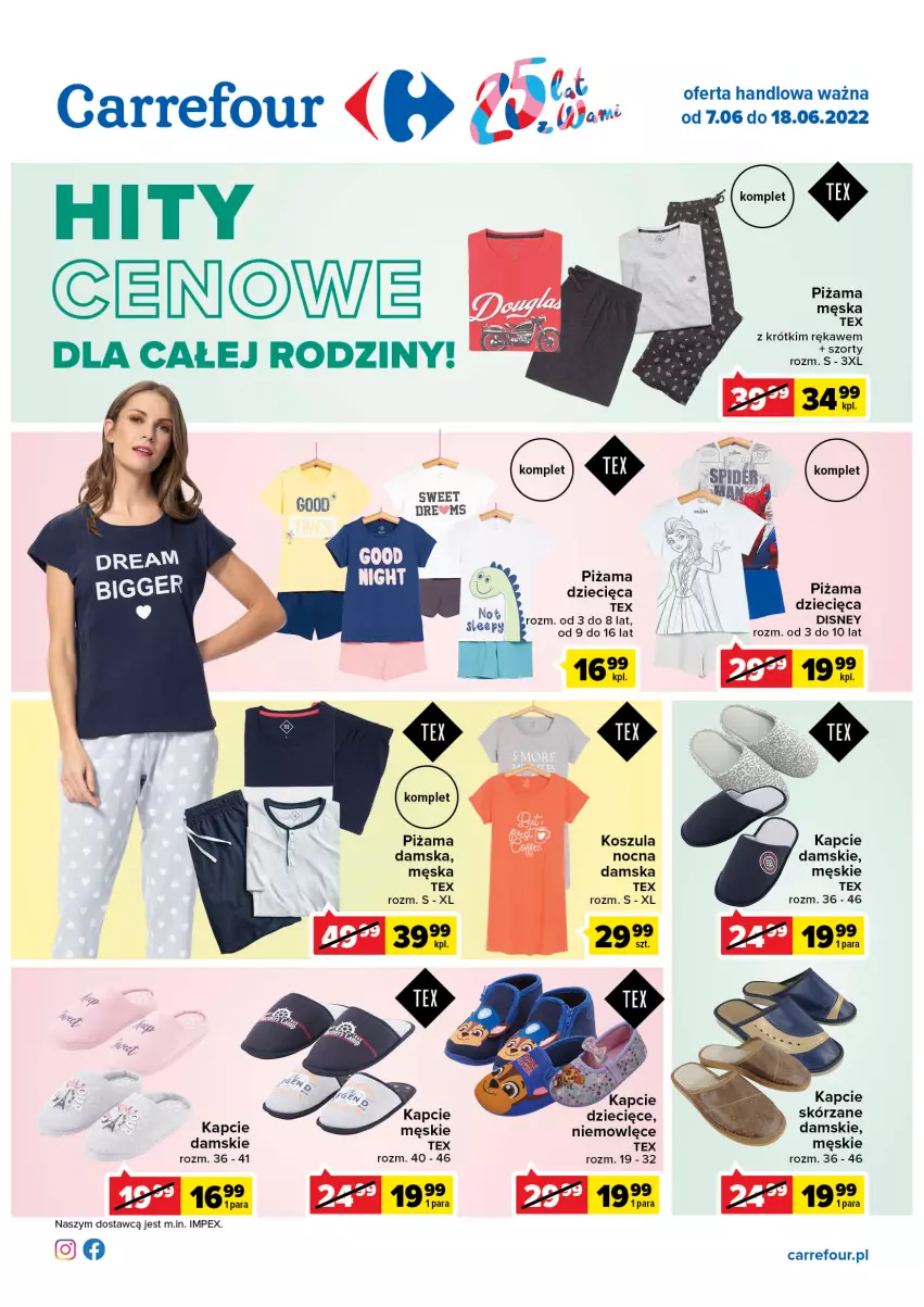 Gazetka promocyjna Carrefour - Gazetka Hity cenowe - ważna 07.06 do 18.06.2022 - strona 1 - produkty: Disney, Dzieci, Kapcie, Kosz, Koszula, Piżama, Szorty