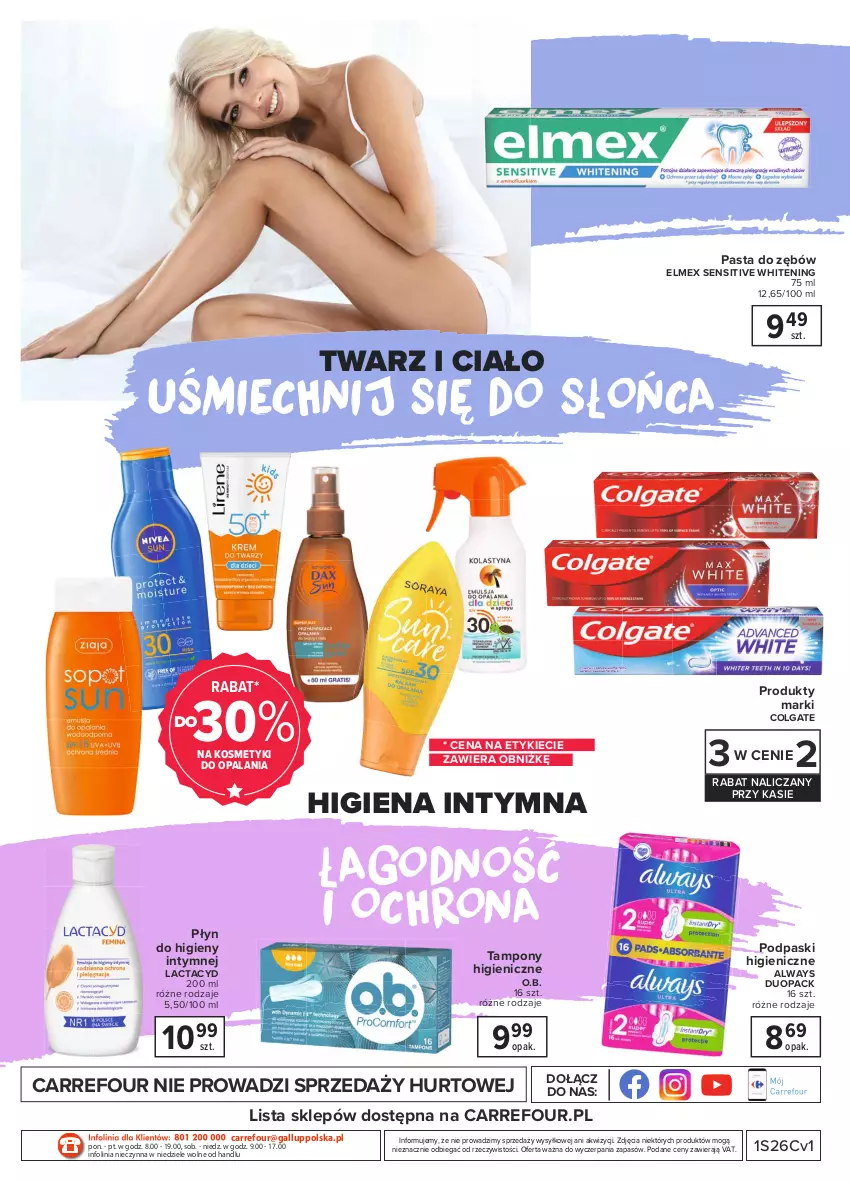 Gazetka promocyjna Carrefour - Gazetka Pięknie każdego dnia - ważna 28.06 do 10.07.2021 - strona 4 - produkty: Always, Colgate, Elmex, Lactacyd, LG, O nas, O.B., Pasta do zębów, Płyn do higieny intymnej, Podpaski, Tampony