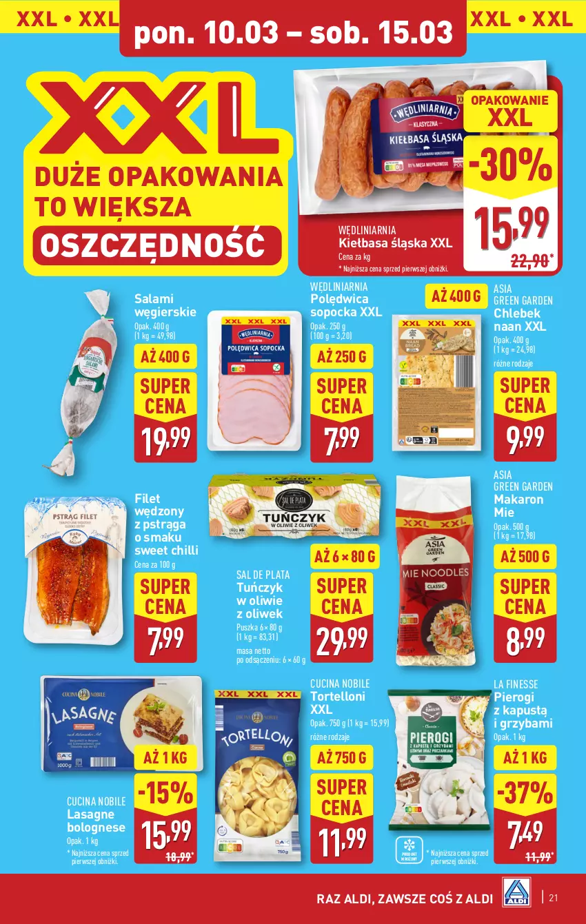 Gazetka promocyjna Aldi - Pełna oferta - ważna 10.03 do 15.03.2025 - strona 21 - produkty: Chleb, Kapustą, Kiełbasa, Kiełbasa śląska, Lasagne, Lasagne bolognese, Makaron, Pierogi, Polędwica, Pstrąg, Salami, Tortelloni, Tuńczyk