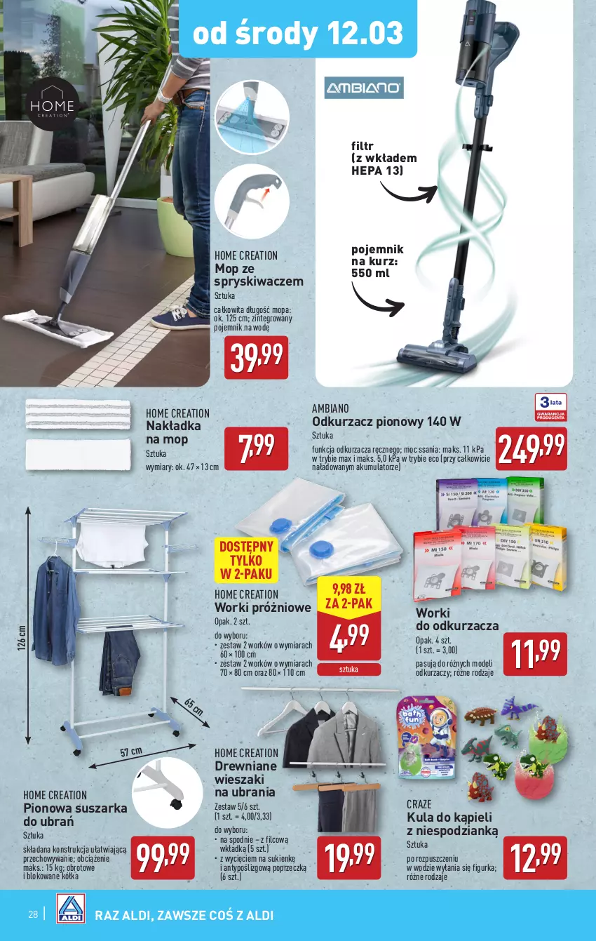 Gazetka promocyjna Aldi - Pełna oferta - ważna 10.03 do 15.03.2025 - strona 28 - produkty: Akumulator, Kula do kąpieli, Mop, Odkurzacz, Pojemnik, Spodnie, Suszarka, Suszarka do ubrań, Ubrania, Wieszak