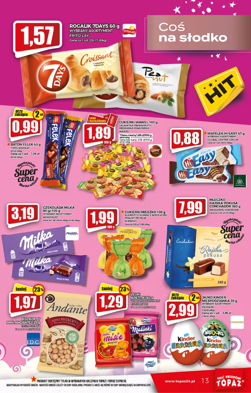 Gazetka promocyjna Topaz - Gazetka - ważna 17.02 do 23.02.2022 - strona 13 - produkty: Cukier, Cukierki, Czekolada, Ferrero, Gala, Galaretka, Kinder, Klej, Koc, Milka, Mleczko, Praliny, Rogal, Rum, Sok, Top, Wafelek, Wawel