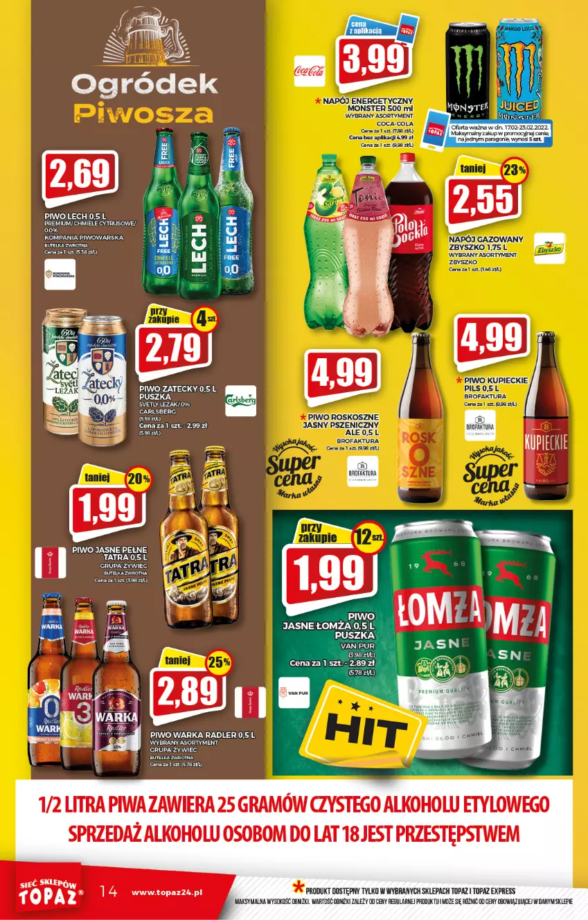 Gazetka promocyjna Topaz - Gazetka - ważna 17.02 do 23.02.2022 - strona 14 - produkty: Fa, Gra, Kosz, Piwa, Piwo, Piwo jasne, Pur, Radler, Sok, Tatra, Top, Warka